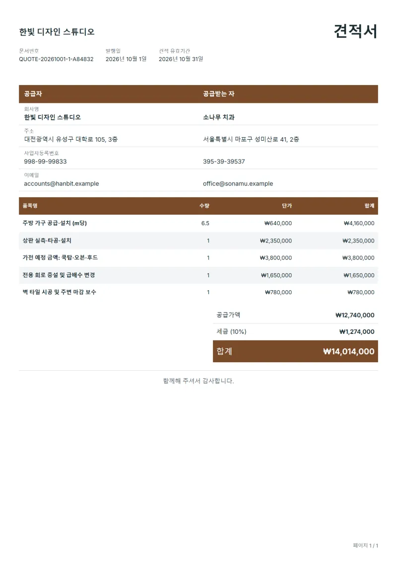 무료 주방 리모델링 견적서 양식 작성 예시: 가상의 회사명, 품목, 수량, 단가, 합계까지 보이는 첫 페이지