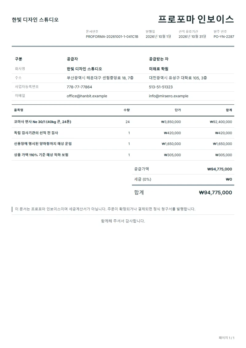 무료 신용장 거래 수출 프로포마 인보이스 양식 작성 예시: 가상의 회사명, 품목, 수량, 단가, 합계까지 보이는 첫 페이지