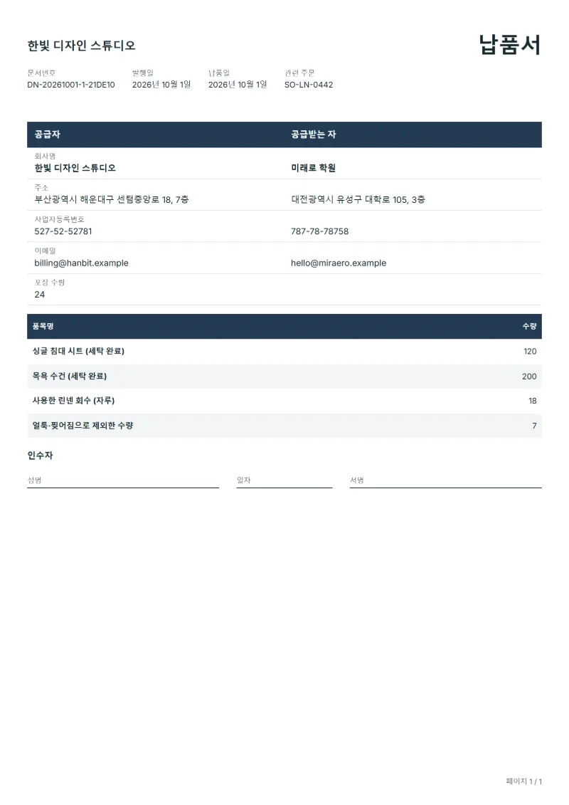 무료 린넨 세탁 납품서 양식 작성 예시: 가상의 회사명, 품목, 수량, 서명란까지 보이는 첫 페이지