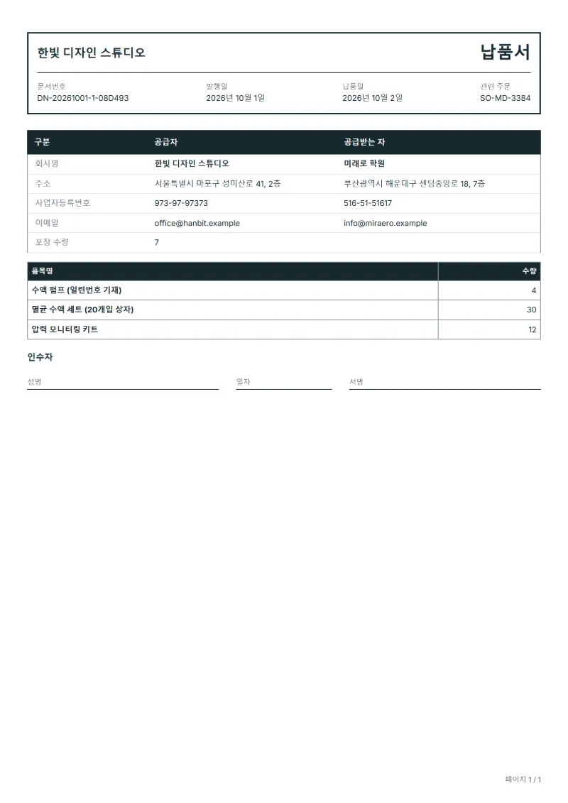 무료 의료기기 납품서 양식 작성 예시: 가상의 회사명, 품목, 수량, 서명란까지 보이는 첫 페이지