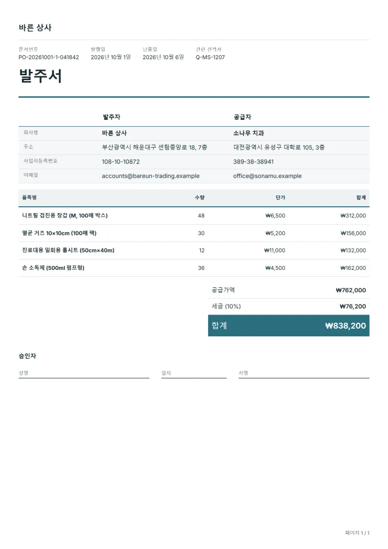 무료 병·의원 소모품 발주서 양식 작성 예시: 가상의 회사명, 품목, 수량, 단가, 합계까지 보이는 첫 페이지