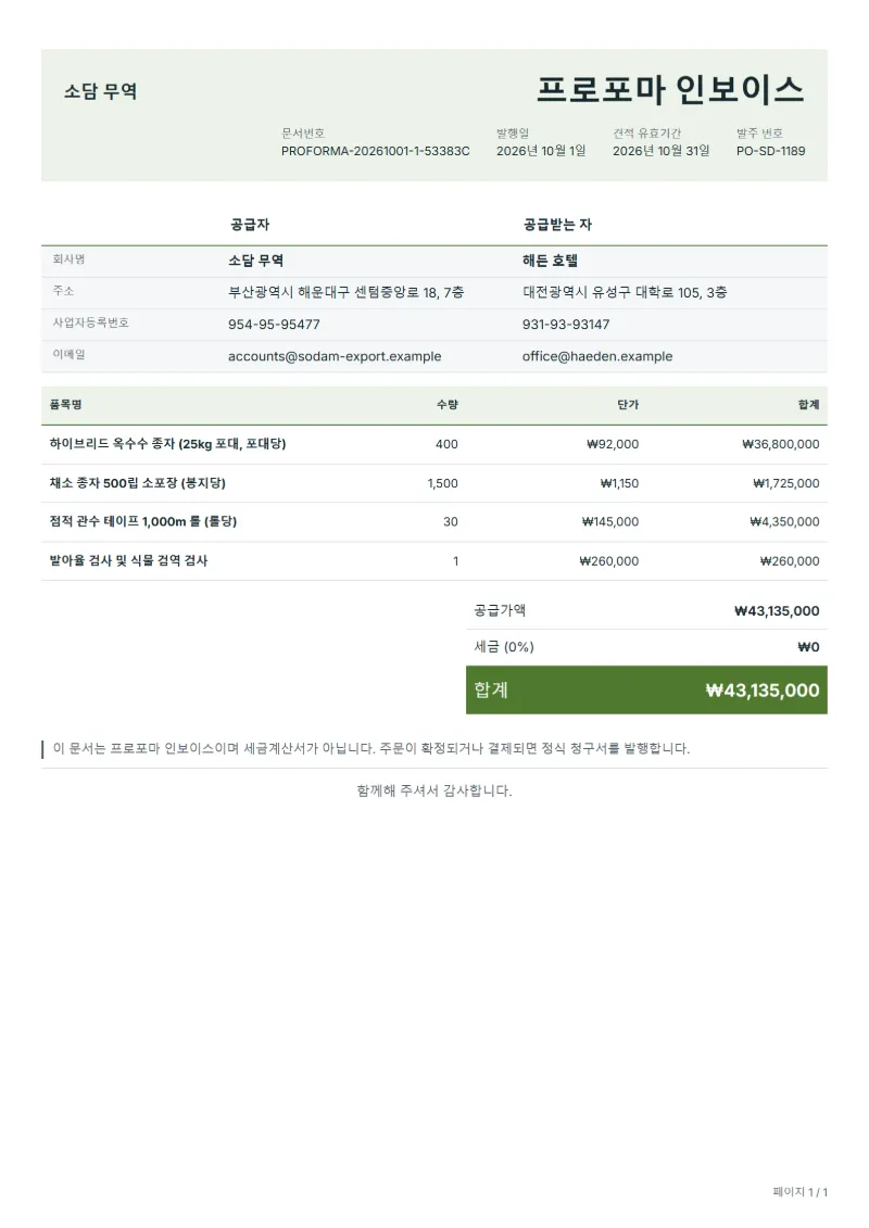 무료 종자·농자재 수출 프로포마 인보이스 양식 작성 예시: 가상의 회사명, 품목, 수량, 단가, 합계까지 보이는 첫 페이지