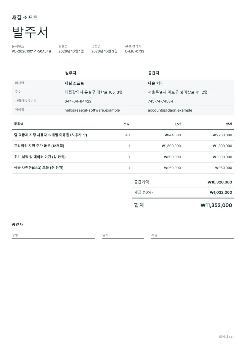 무료 소프트웨어 라이선스 발주서 양식 작성 예시: 가상의 회사명, 품목, 수량, 단가, 합계까지 보이는 첫 페이지