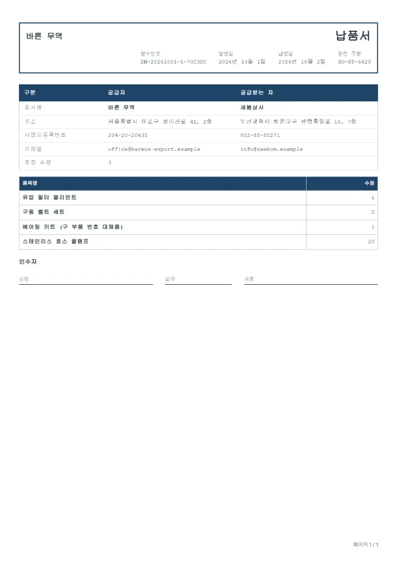 무료 예비 부품 납품서 양식 작성 예시: 가상의 회사명, 품목, 수량, 서명란까지 보이는 첫 페이지