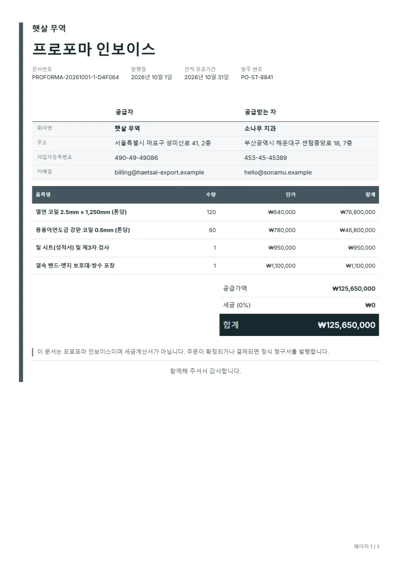 무료 철강 제품 수출 프로포마 인보이스 양식 작성 예시: 가상의 회사명, 품목, 수량, 단가, 합계까지 보이는 첫 페이지