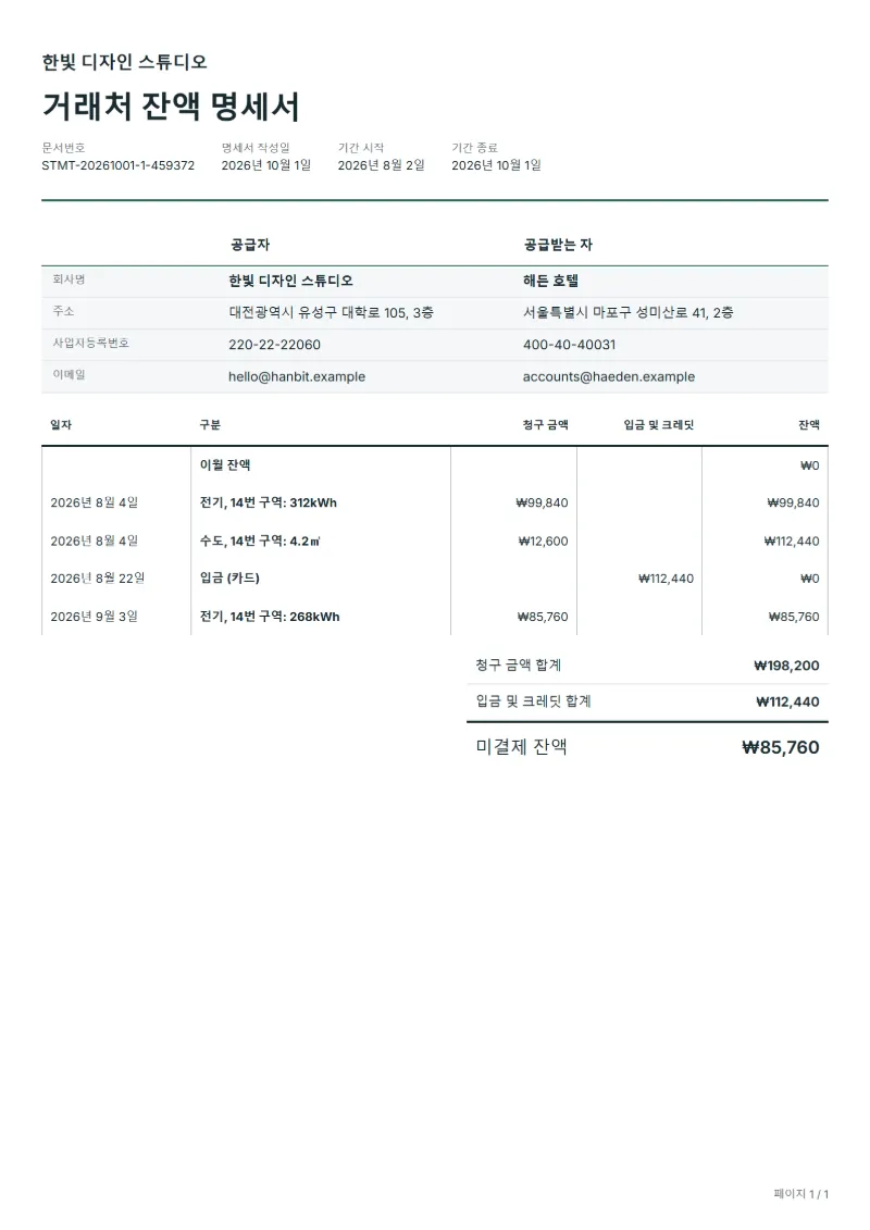 무료 개별 계량 공과금 잔액 명세서 양식 작성 예시: 가상의 회사명, 날짜별 청구·입금 내역, 미결제 잔액까지 보이는 첫 페이지