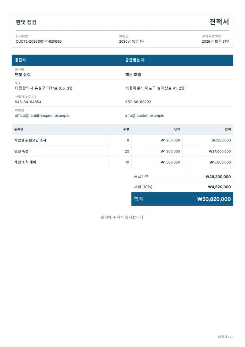 무료 산업 안전 점검 견적서 양식 작성 예시: 가상의 회사명, 품목, 수량, 단가, 합계까지 보이는 첫 페이지