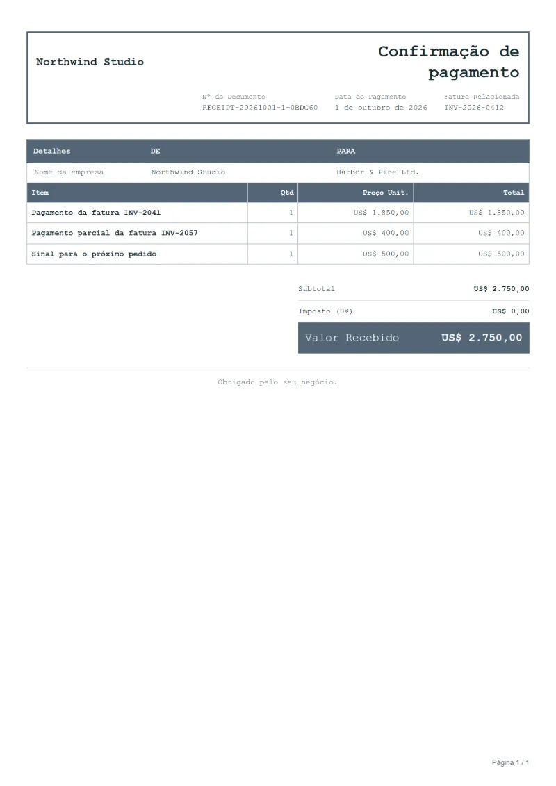 Modelo de confirmação de pagamento (grátis): exemplo preenchido com linhas, quantidades, preços e o total